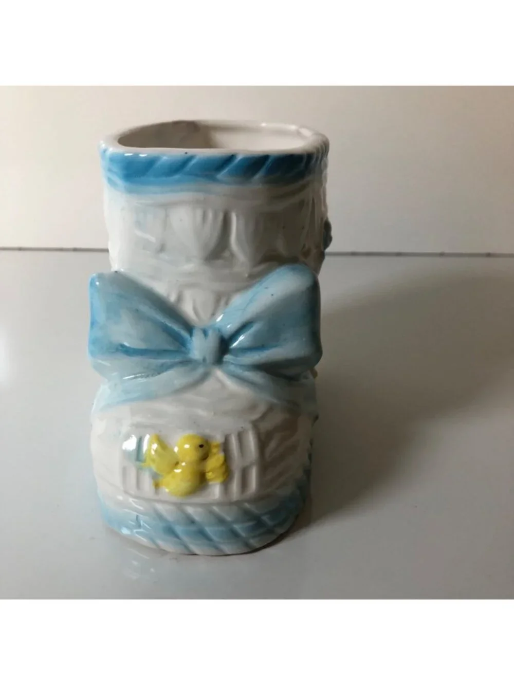 Vintage Baby Boot Planter Ceramic Nursery Decor Noahs Ark Animals Blue White